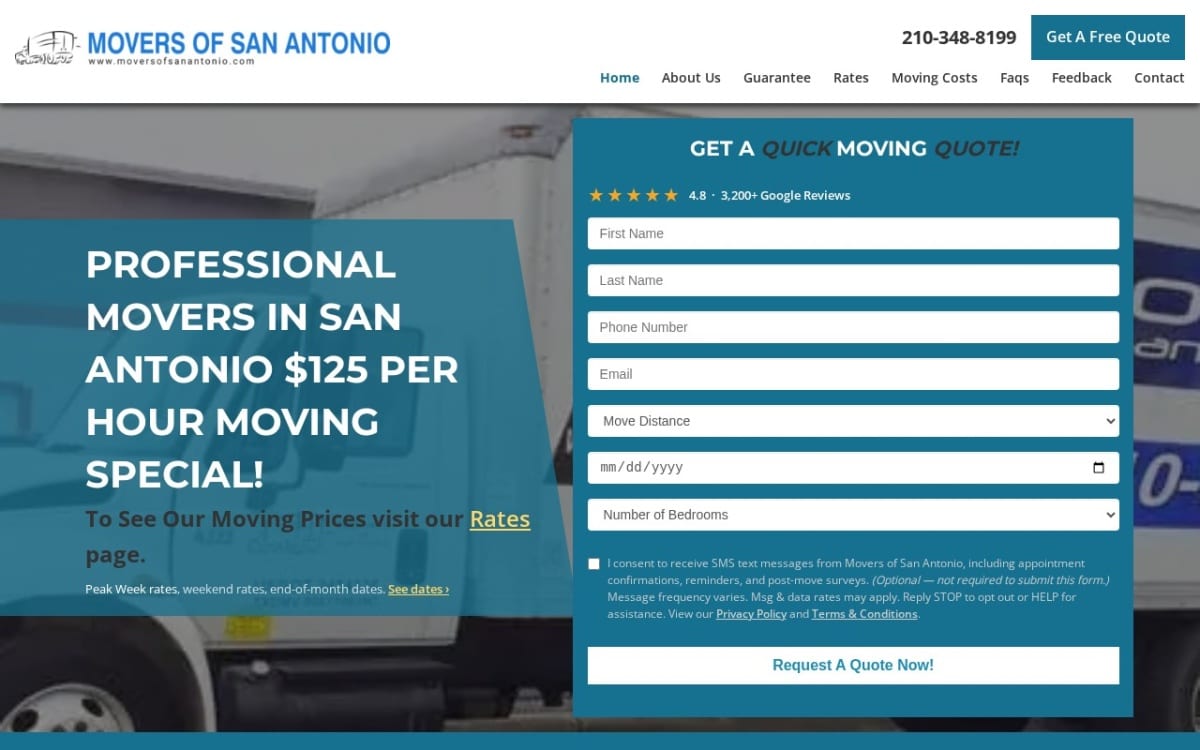 Movers of San Antonio moving company website homepage
