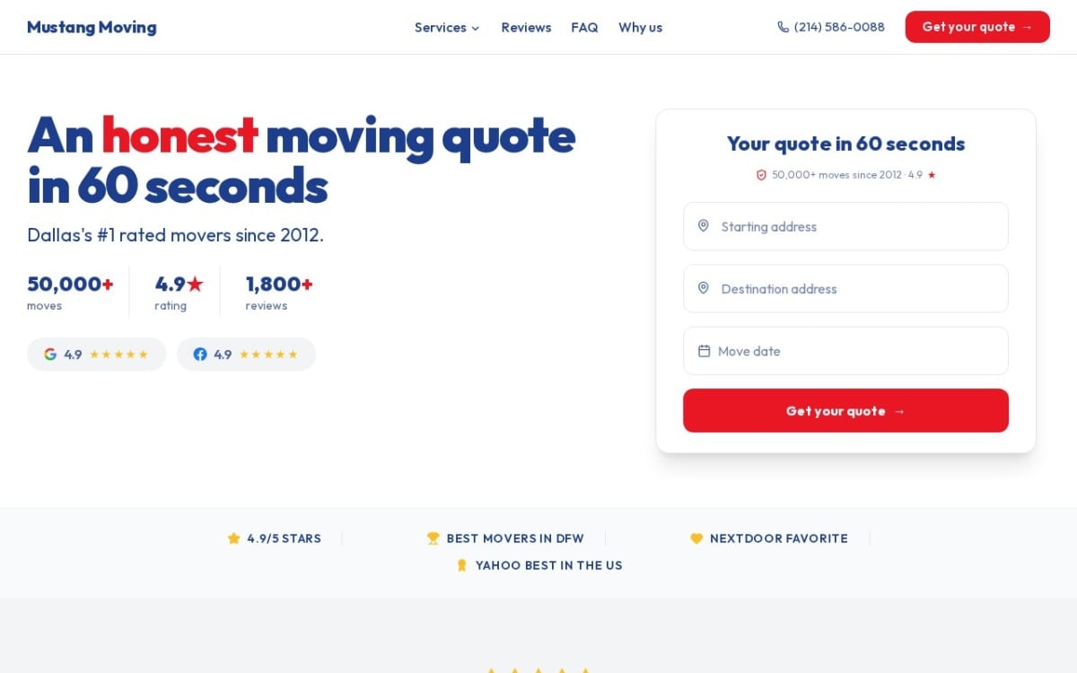 Movers of Dallas - Mustang Moving moving company website homepage