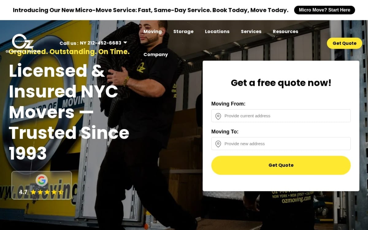 Oz Moving & Storage - NYC moving company website homepage