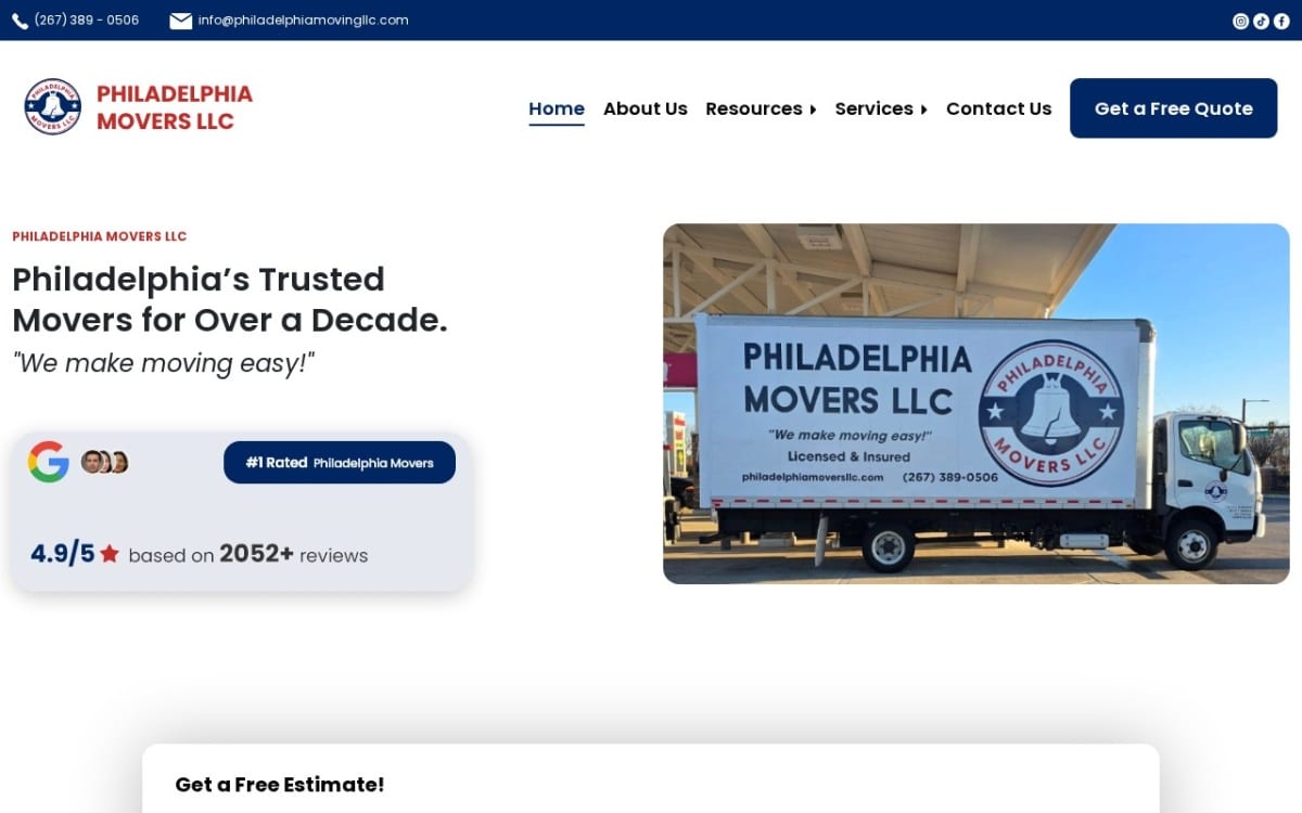 Philadelphia Movers LLC moving company website homepage