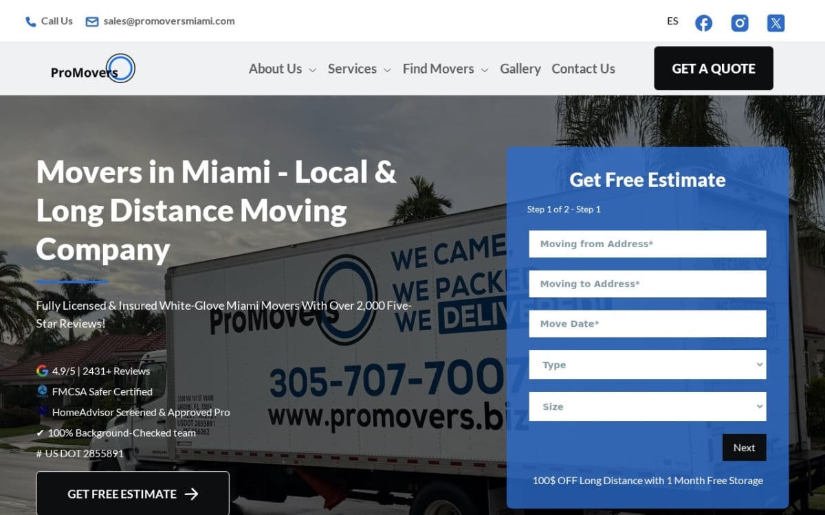 Pro Movers Miami moving company website homepage