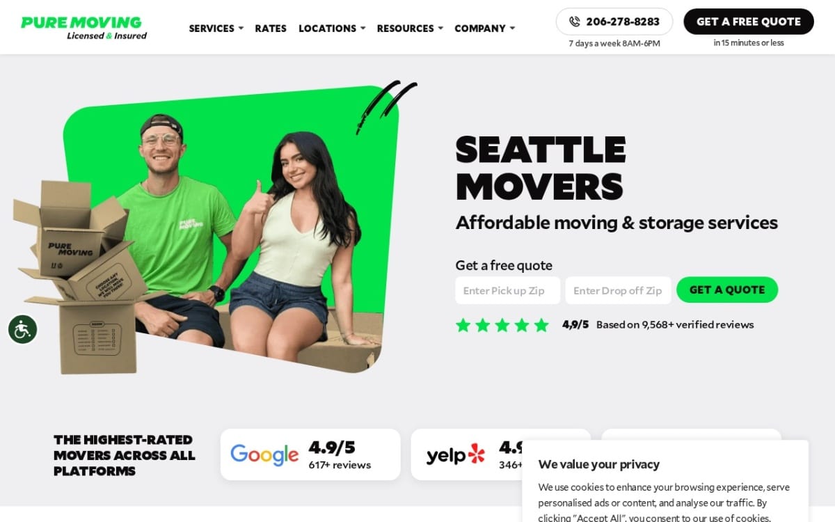Pure Moving Company Seattle Movers Local & Long Distance moving company website homepage