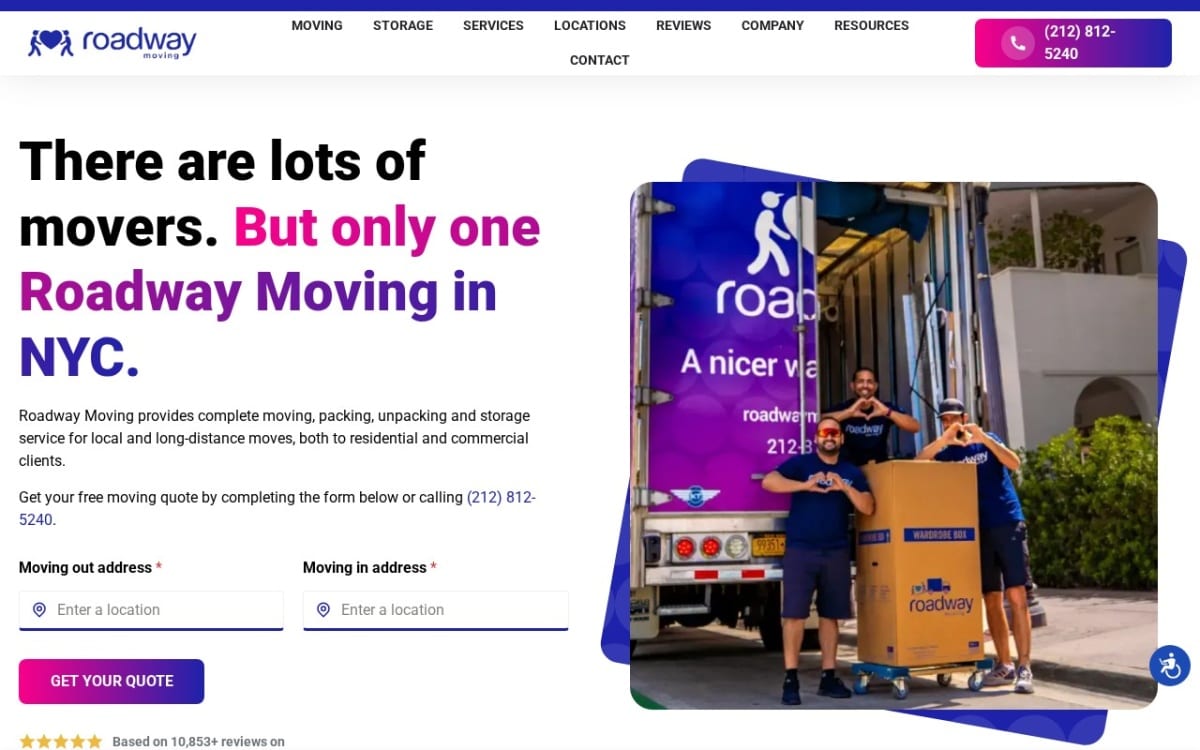 Roadway Moving - NYC moving company website homepage