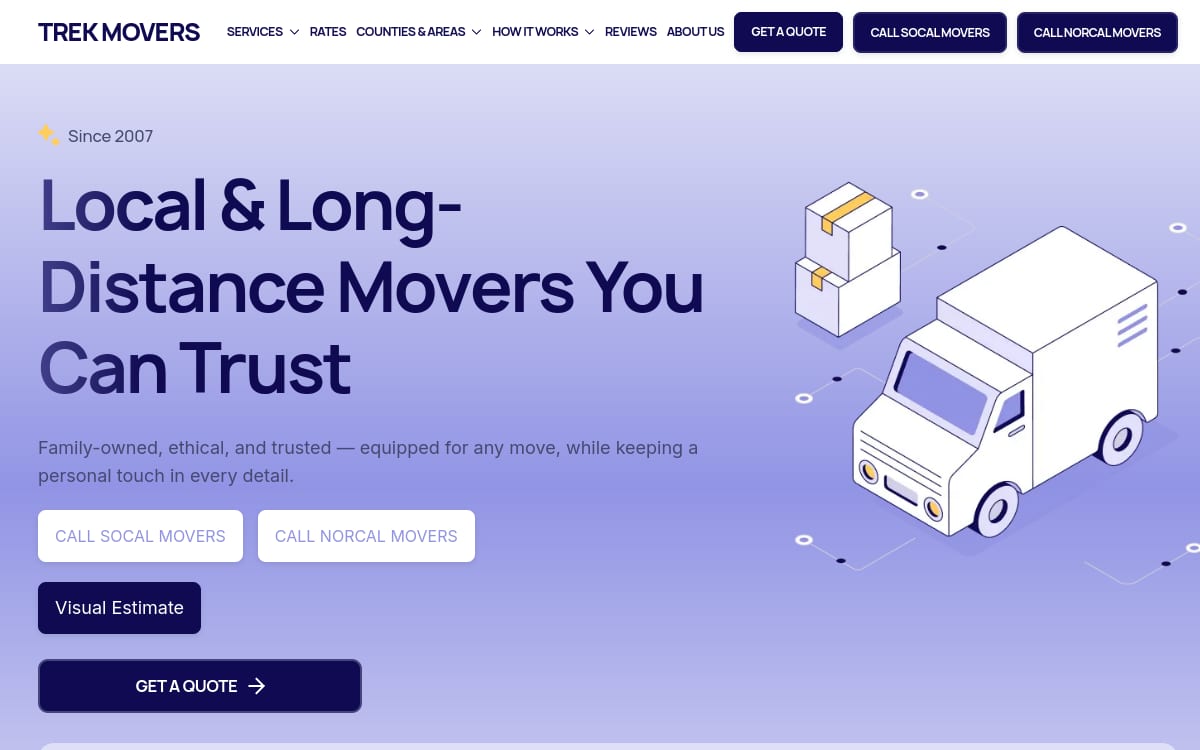 Trek Movers moving company website homepage