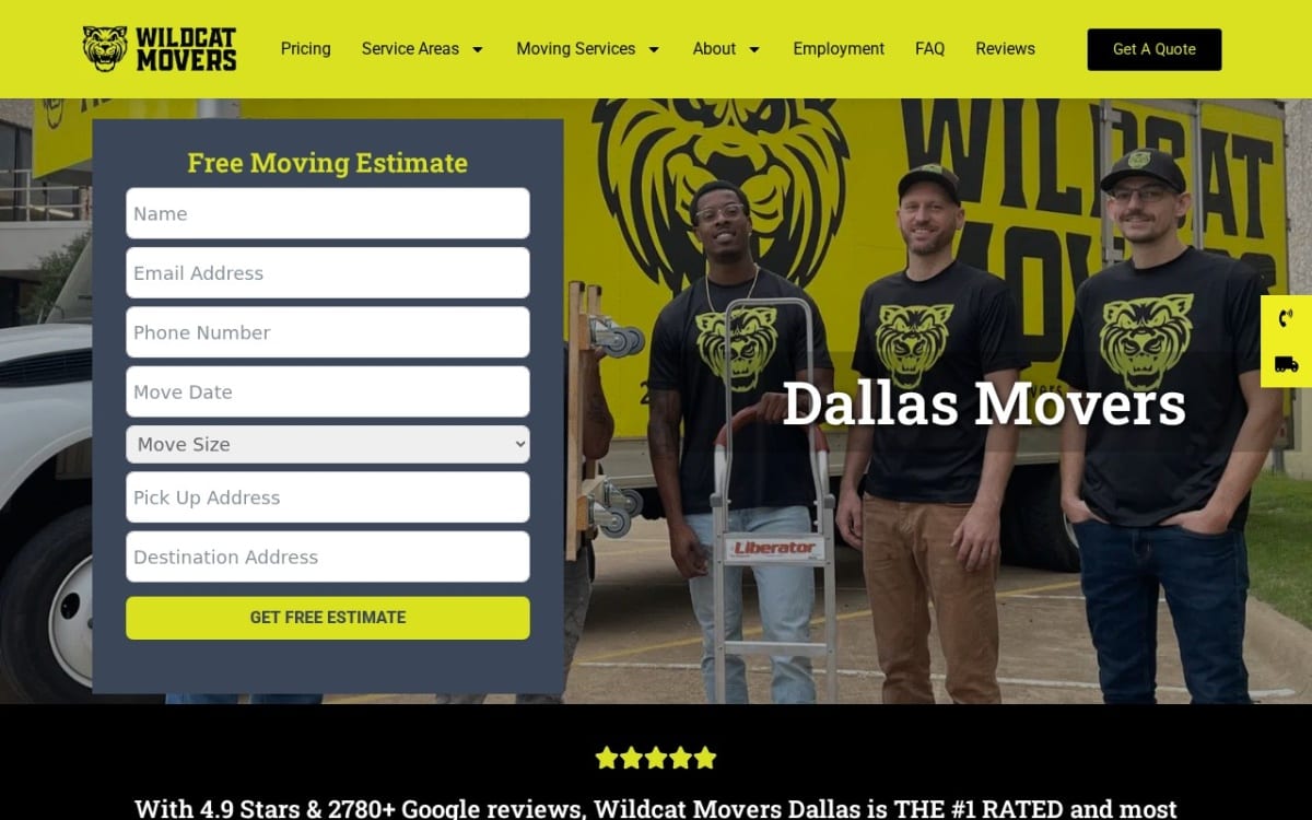Wildcat Movers - Dallas moving company website homepage