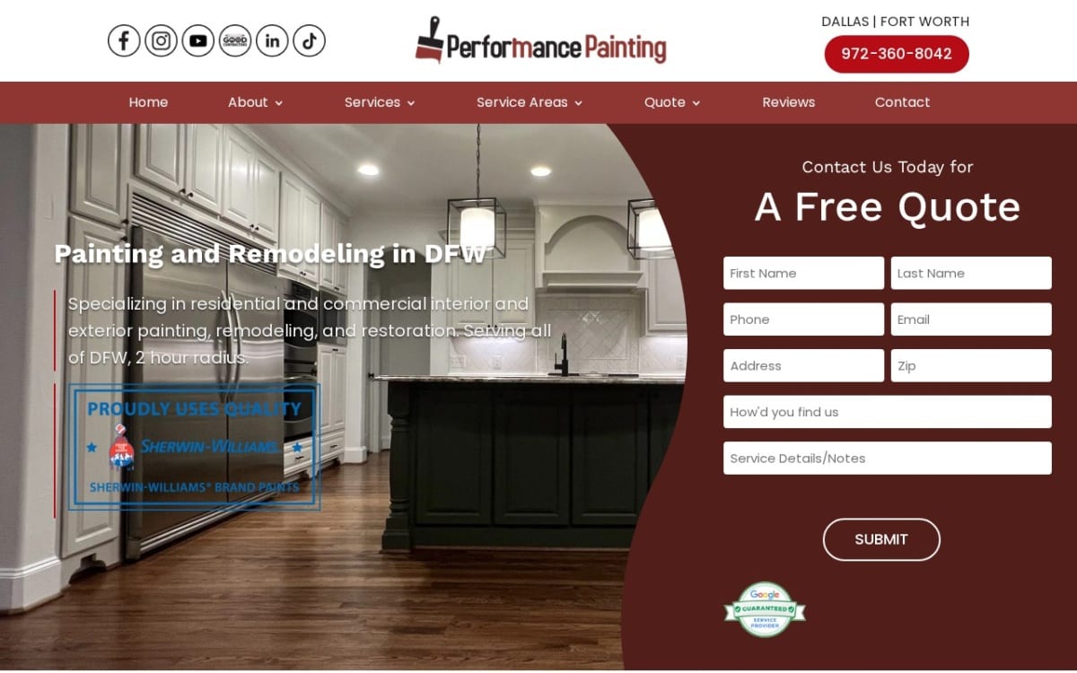 Performance Painting painting contractor website homepage