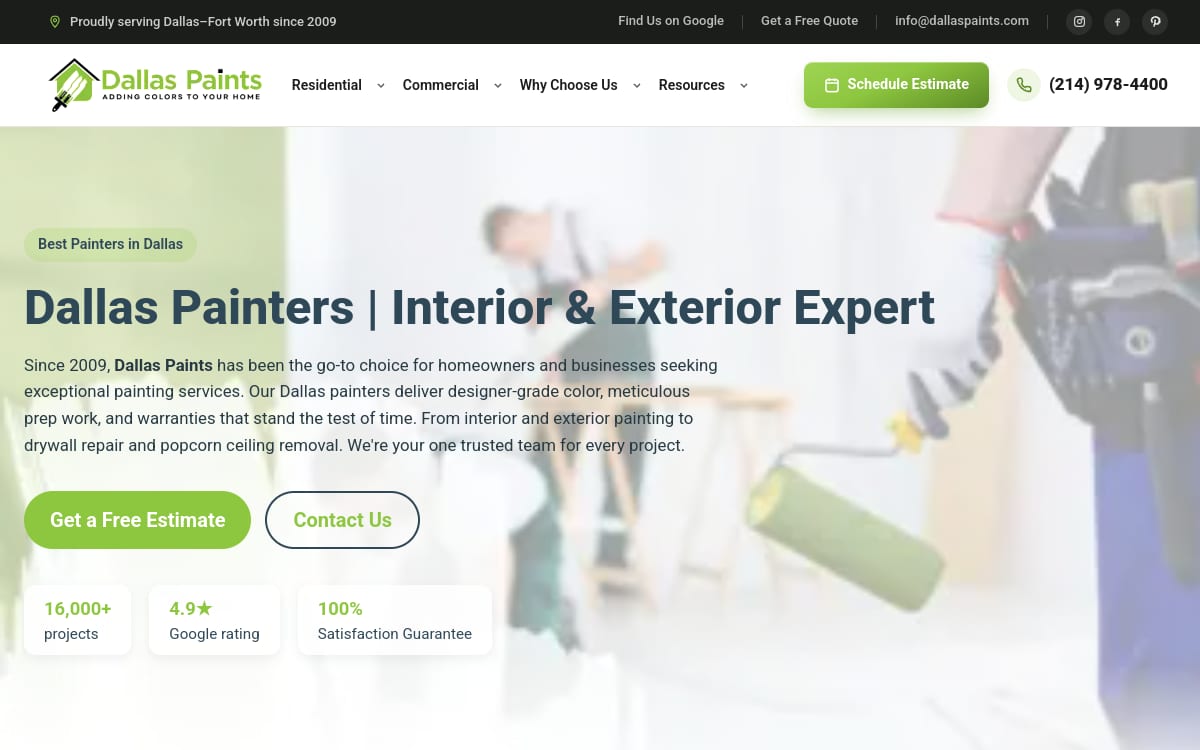 Dallas Paints painting contractor website homepage
