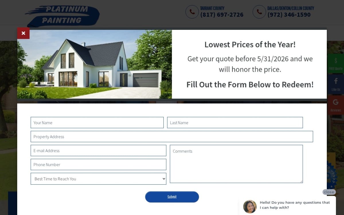 Platinum Painting painting contractor website homepage