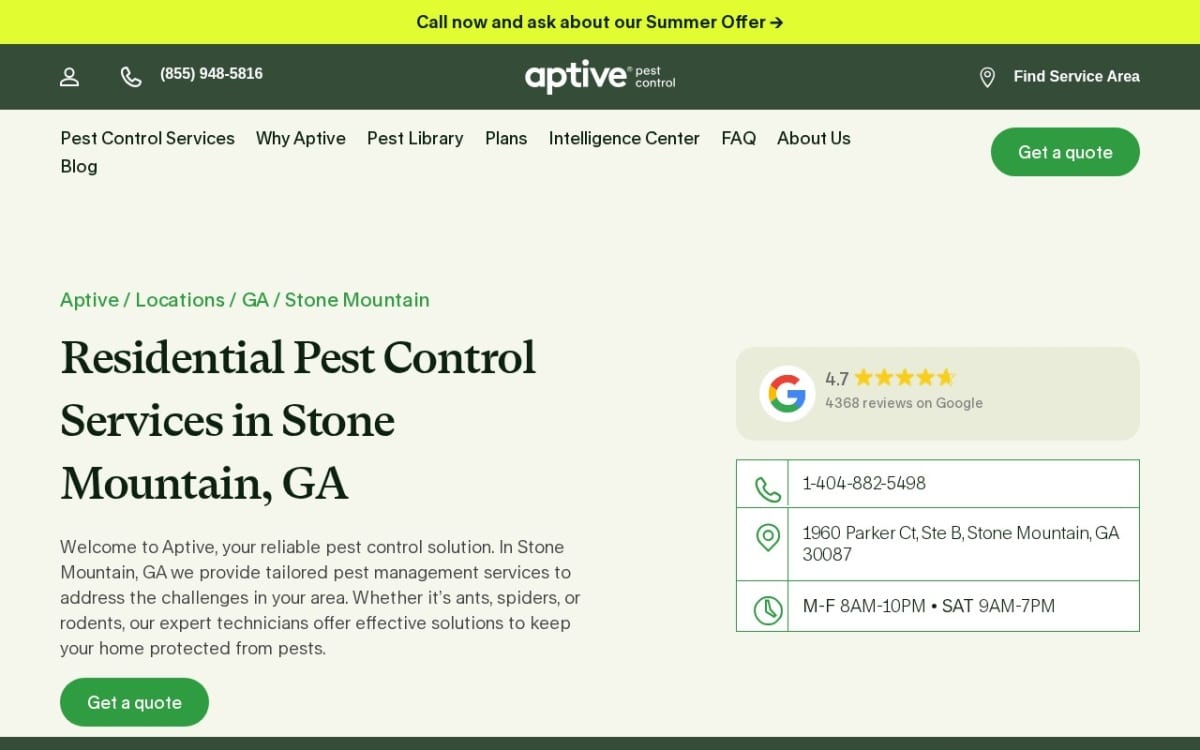 Aptive Pest Control pest control website homepage