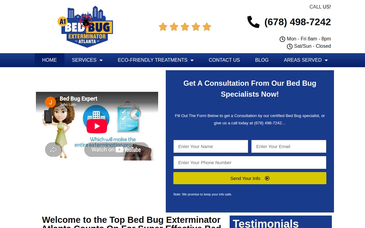 A1 Bed Bug Exterminator Atlanta pest control website homepage
