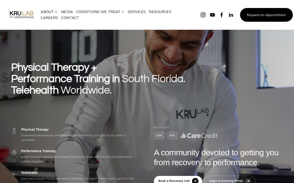 KRU PT + Performance Lab physical therapy website homepage