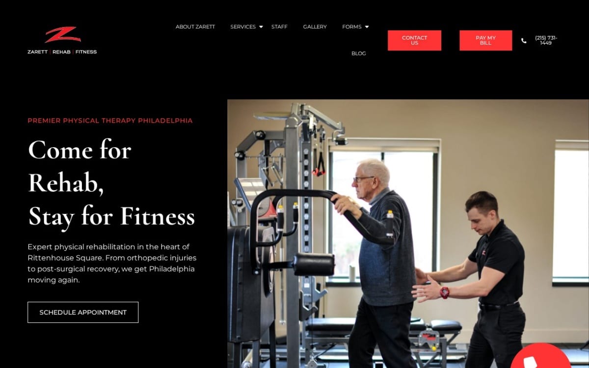 Zarett Rehab & Fitness physical therapy website homepage