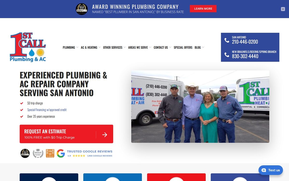 Screenshot of the 1st Call Plumbing & AC website homepage (San Antonio, TX)