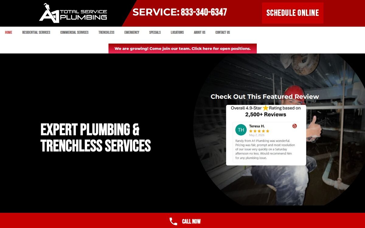 Screenshot of the A-1 Total Service Plumbing website homepage (Los Angeles, CA)