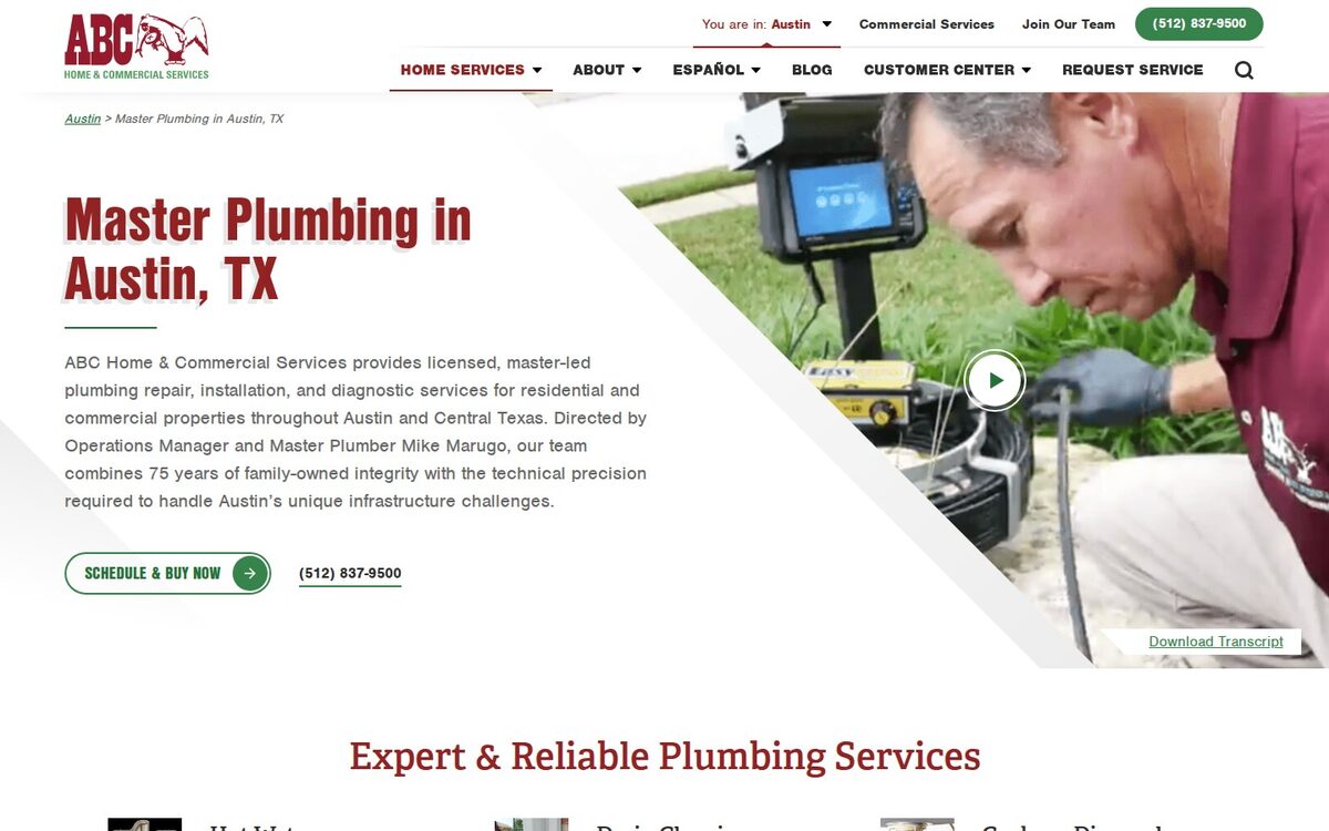 Screenshot of the ABC Home & Commercial Services website homepage (Austin, TX)