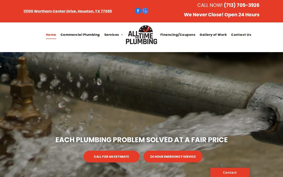 Screenshot of the All the Time Plumbing website homepage (Houston, TX)