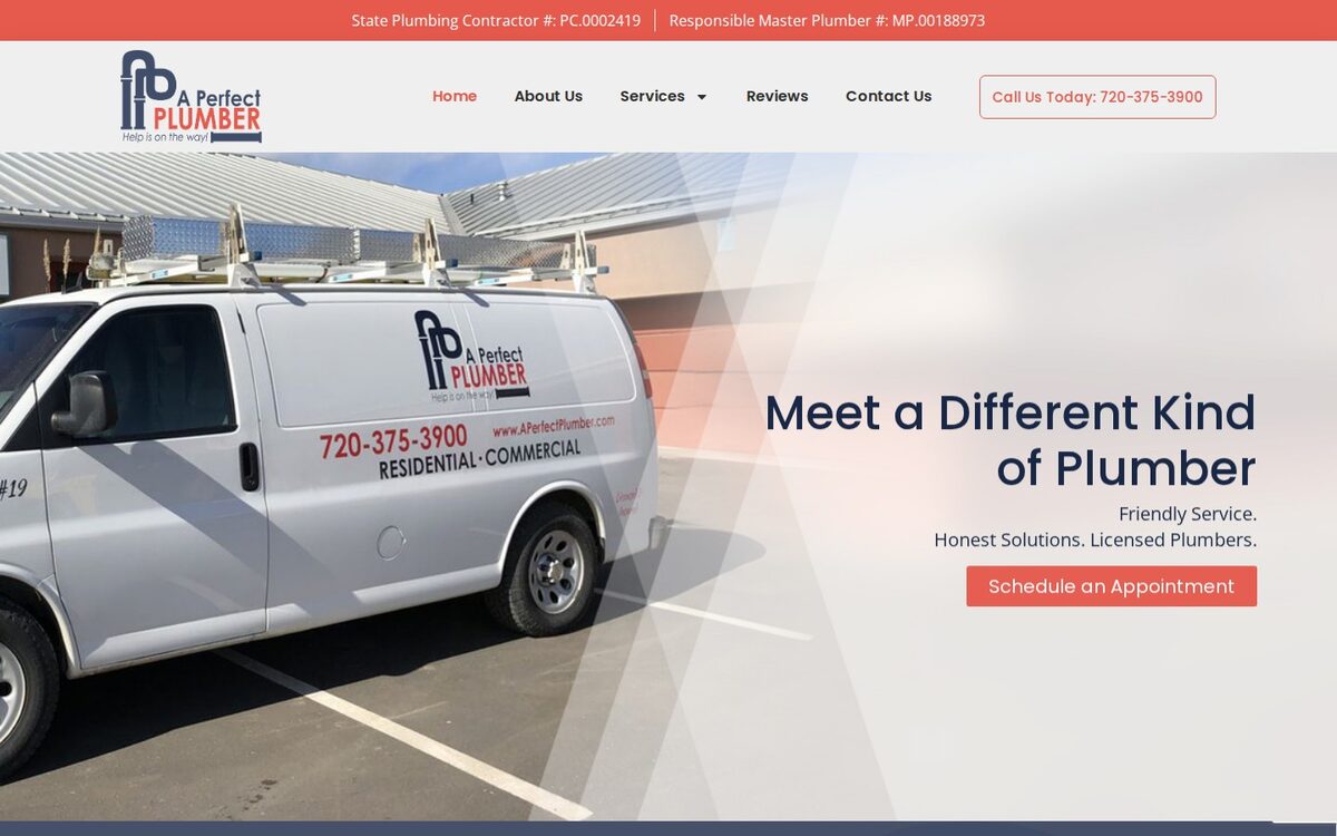 Screenshot of the A Perfect Plumber website homepage (Denver, CO)
