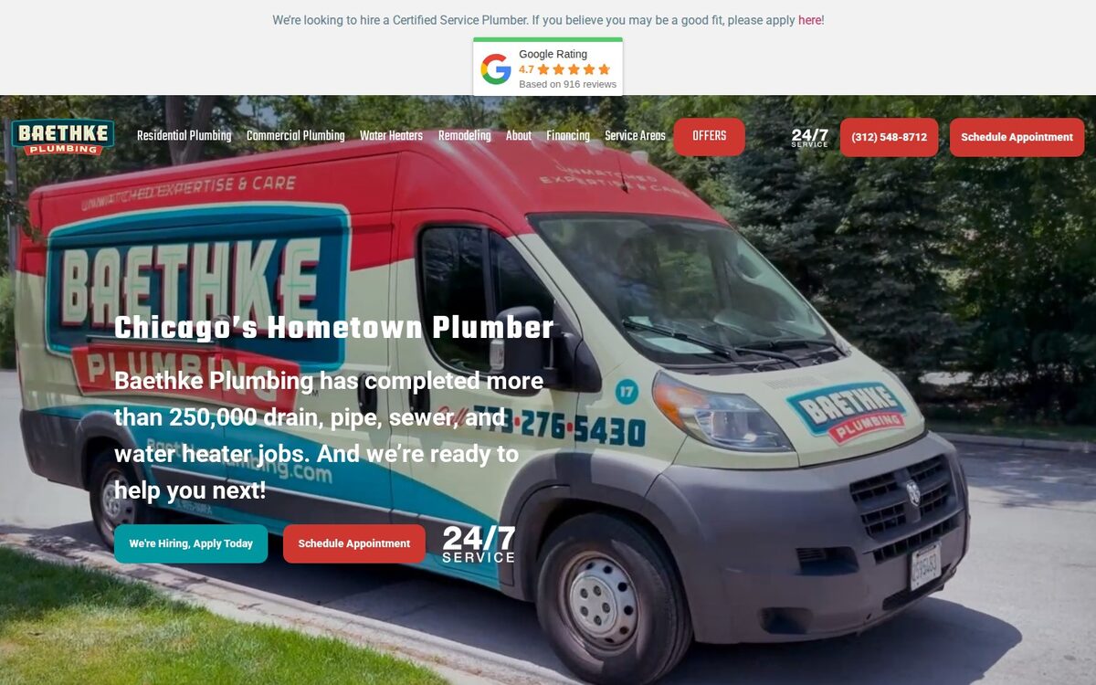 Screenshot of the Baethke Plumbing website homepage (Chicago, IL)