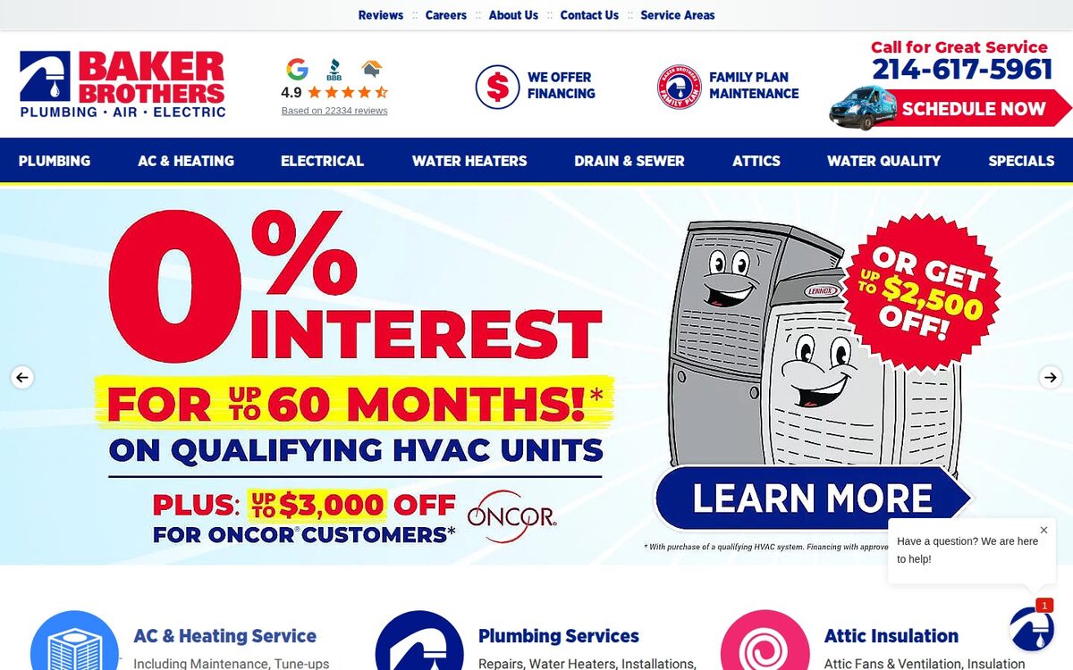 Screenshot of the Baker Brothers Plumbing, Air & Electric website homepage (Dallas, TX)