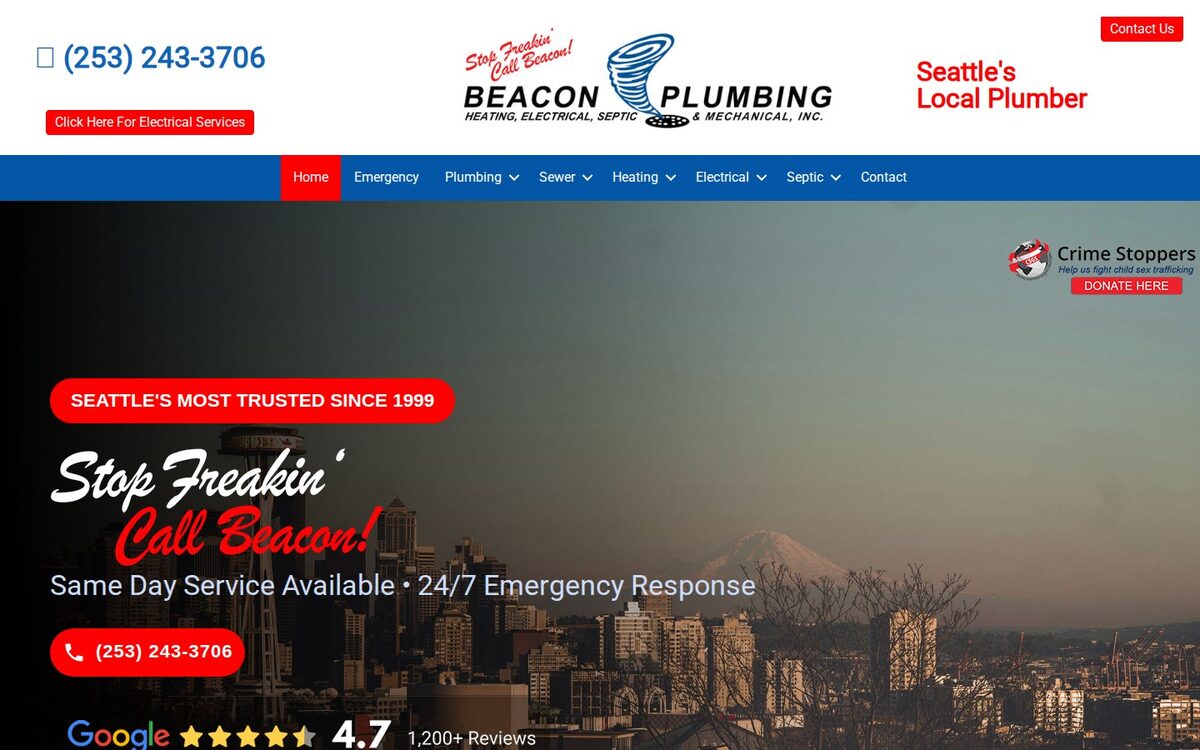 Screenshot of the Beacon Plumbing website homepage (Seattle, WA)