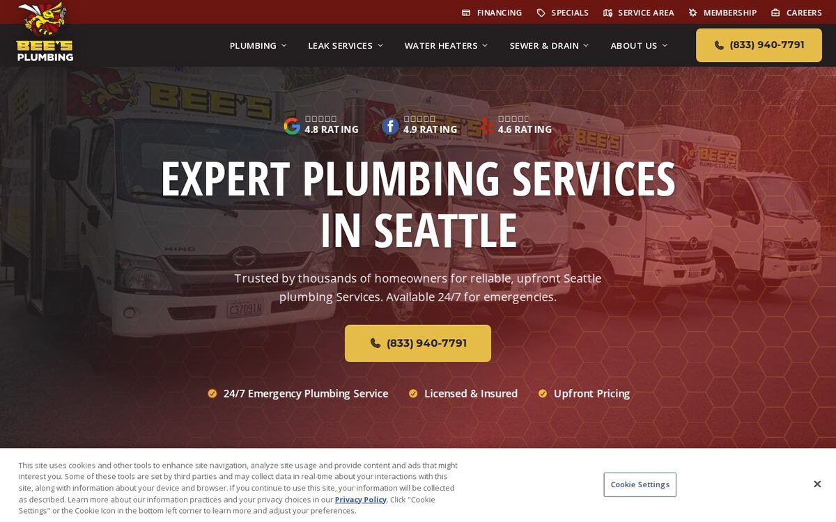 Screenshot of the Bee's Plumbing and Heating website homepage (Seattle, WA)
