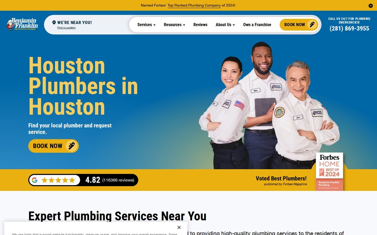 Screenshot of the Benjamin Franklin Plumbing website homepage (Houston, TX)