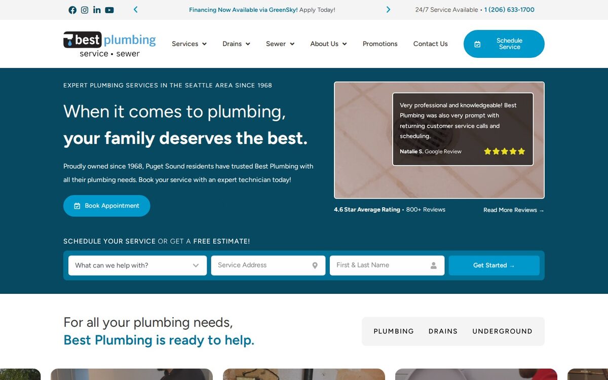Screenshot of the Best Plumbing website homepage (Seattle, WA)