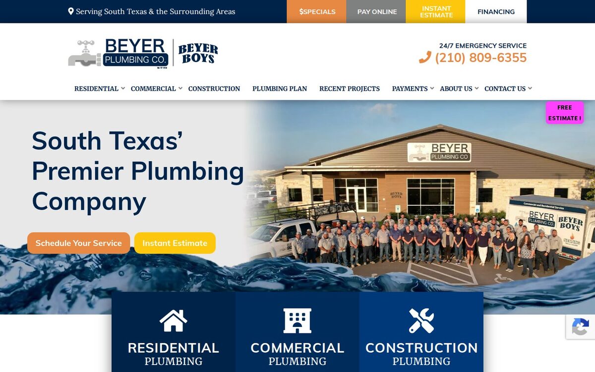 Screenshot of the Beyer Plumbing website homepage (San Antonio, TX)