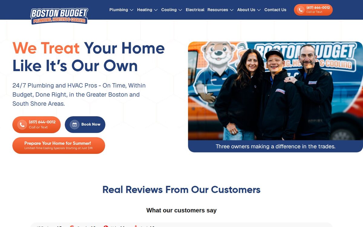 Screenshot of the Boston Budget Plumbing website homepage (Boston, MA)