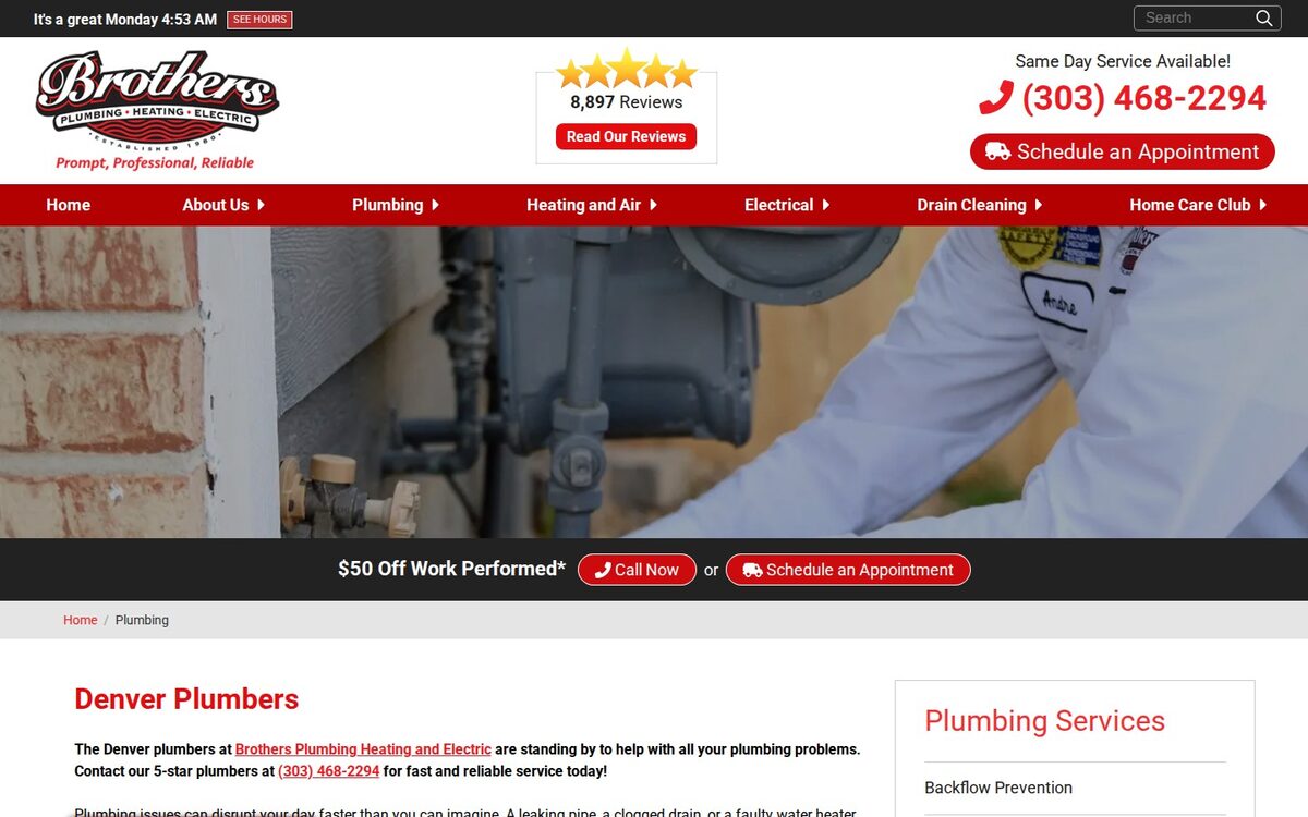 Screenshot of the Brothers Plumbing, Heating & Electric website homepage (Denver, CO)