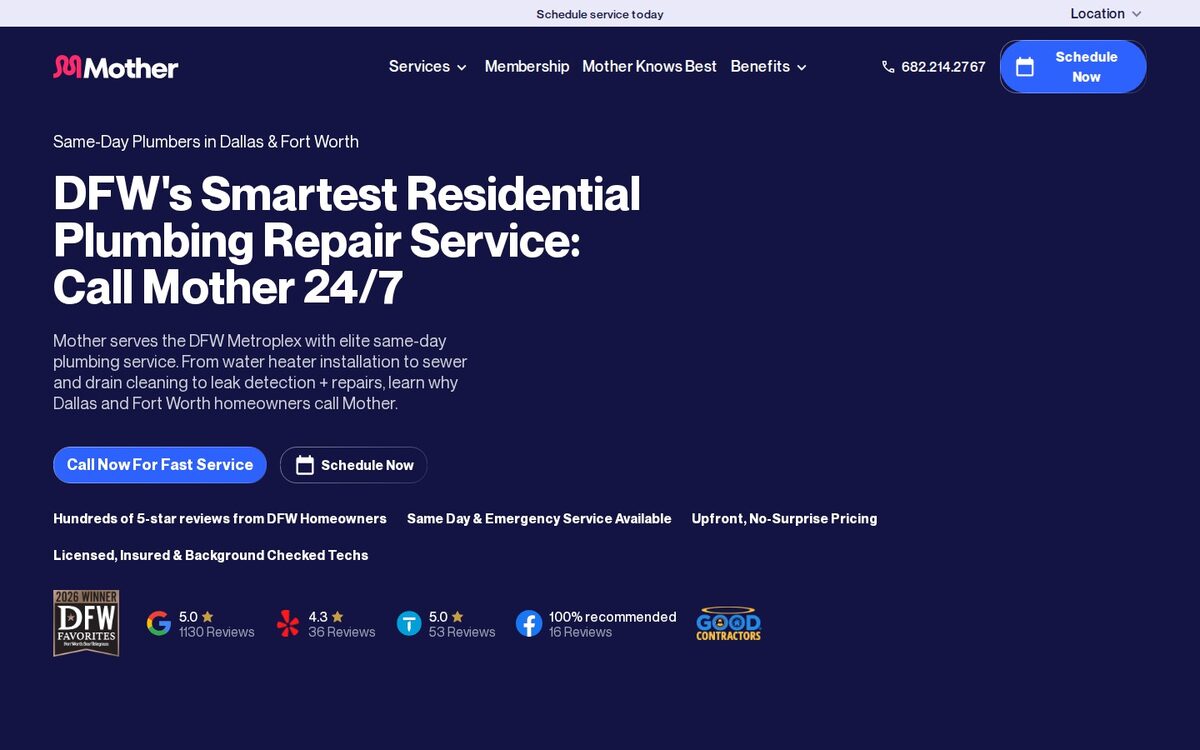Screenshot of the Mother website homepage (Dallas, TX)