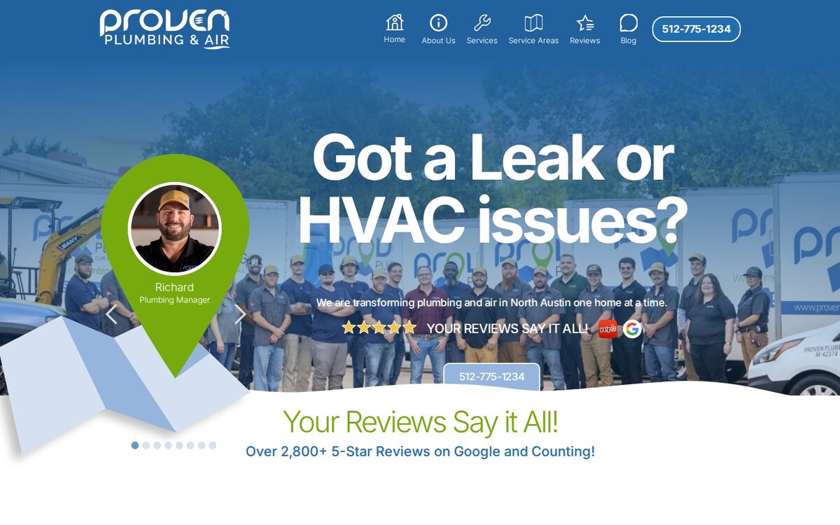 Screenshot of the Proven Plumbing & Air website homepage (Austin, TX)