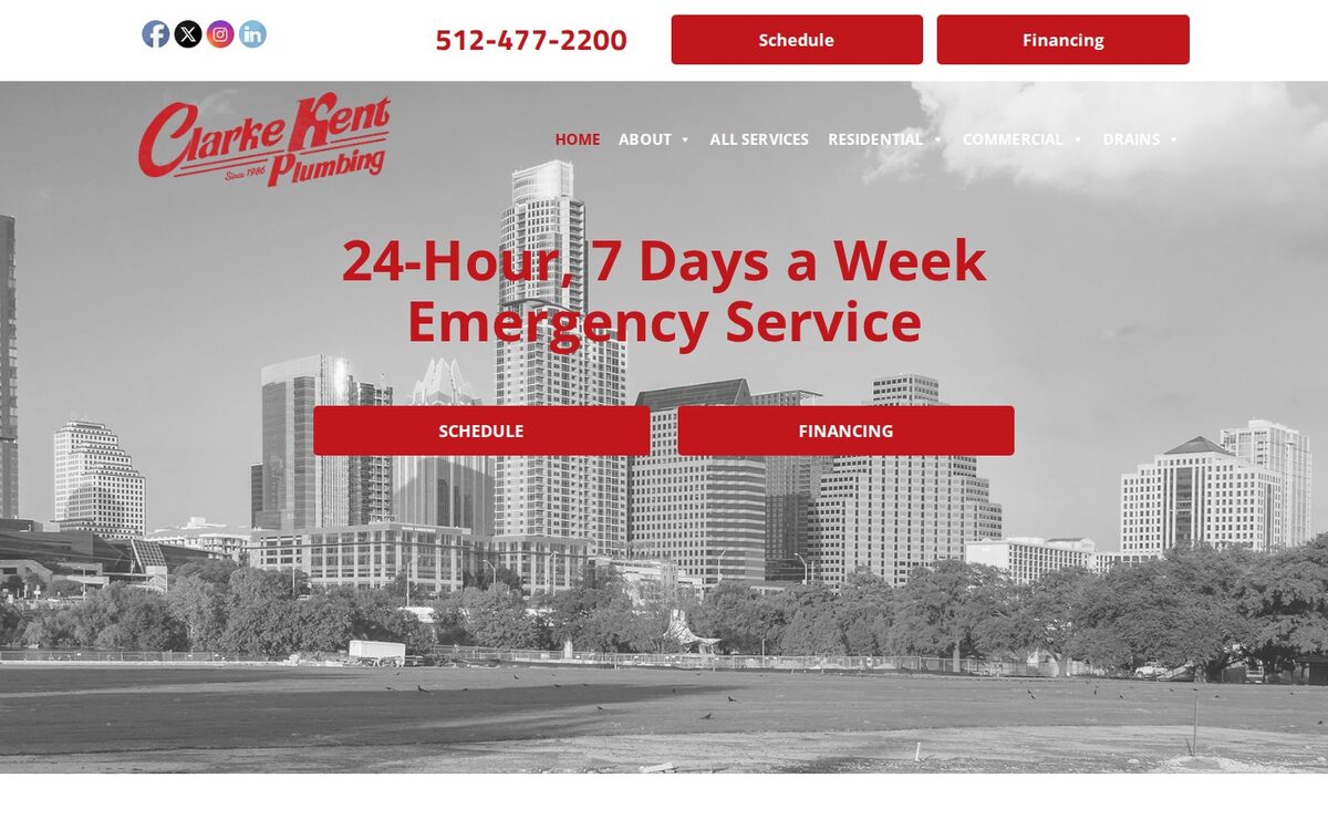 Screenshot of the Clarke Kent Plumbing website homepage (Austin, TX)