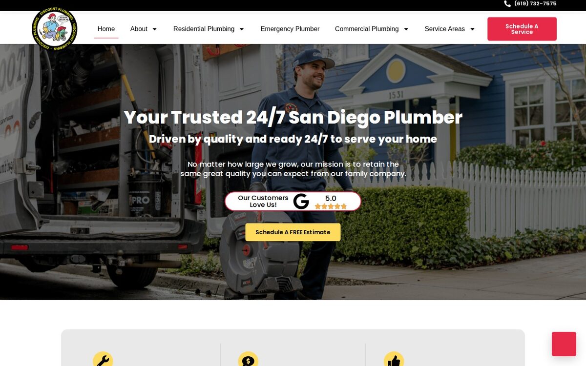 Screenshot of the Discount Plumbing San Diego website homepage (San Diego, CA)