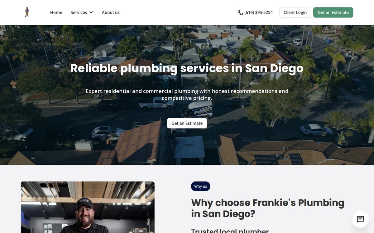 Screenshot of the Frankie's Plumbing website homepage (San Diego, CA)