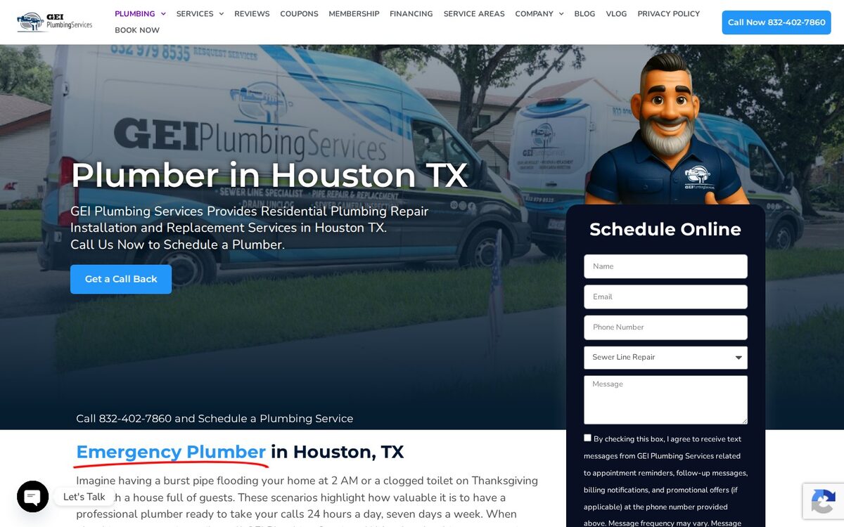 Screenshot of the GEI Plumbing Services website homepage (Houston, TX)
