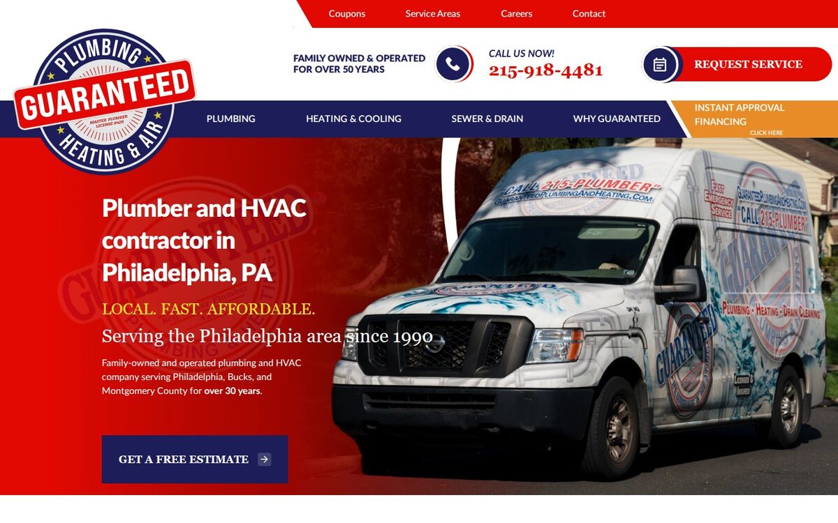 Screenshot of the Guaranteed Plumbing & Heating website homepage (Philadelphia, PA)