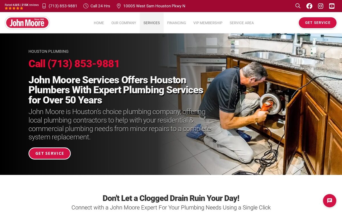 Screenshot of the John Moore Services website homepage (Houston, TX)