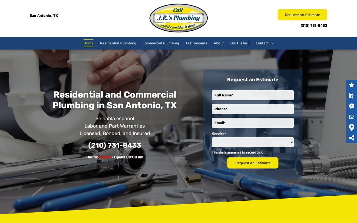 Screenshot of the J.R.'s Plumbing website homepage (San Antonio, TX)