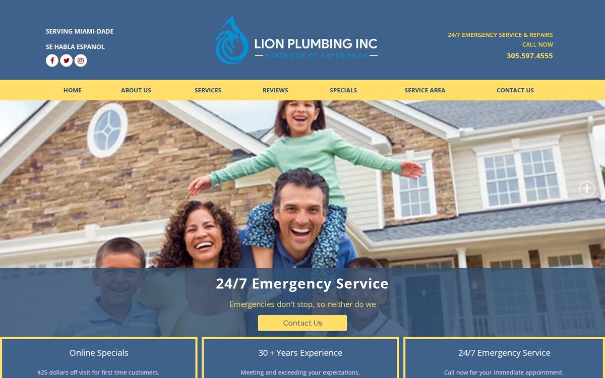 Screenshot of the Lion Plumbing website homepage (Miami, FL)