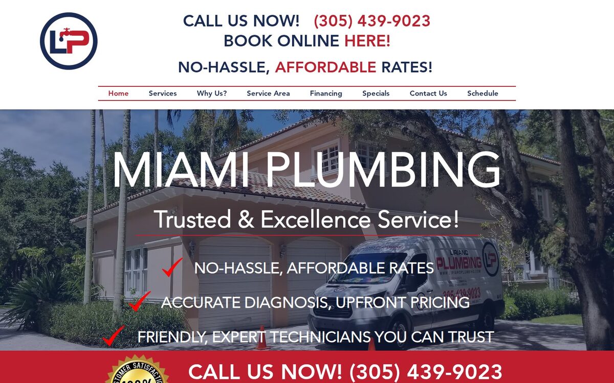 Screenshot of the Liriano Plumbing website homepage (Miami, FL)