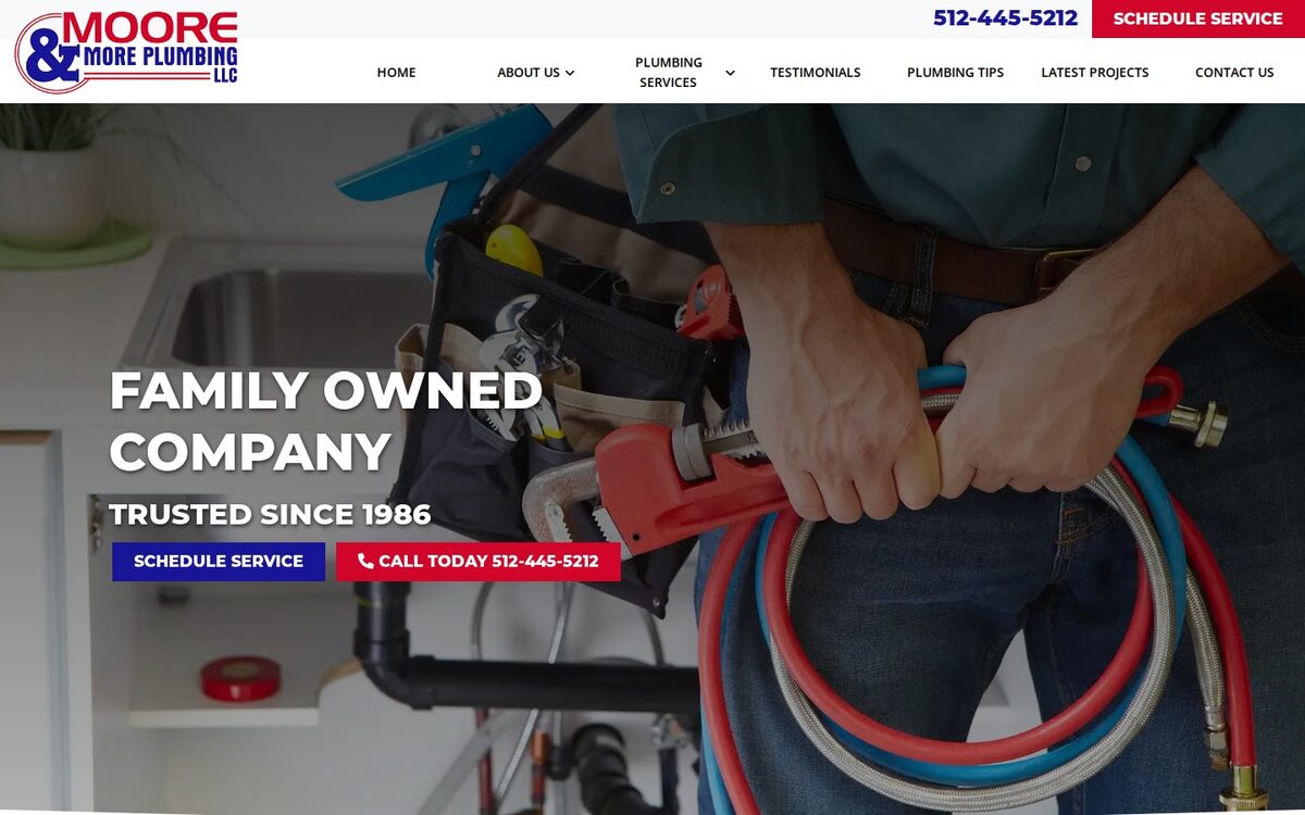 Screenshot of the Moore & More Plumbing website homepage (Austin, TX)