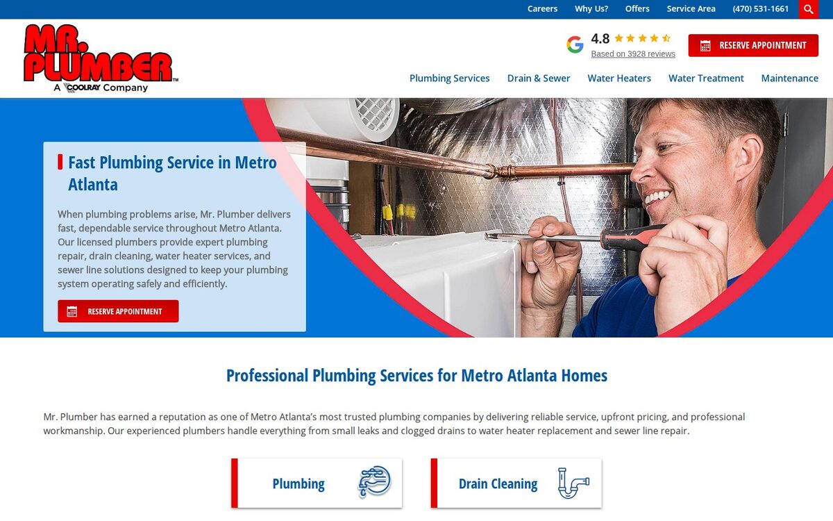 Screenshot of the Mr. Plumber website homepage (Atlanta, GA)