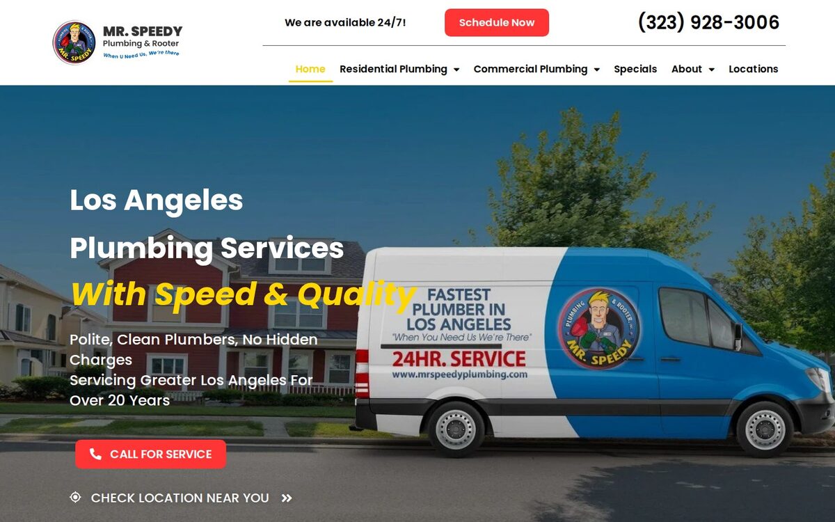 Screenshot of the Mr. Speedy Plumbing & Rooter website homepage (Los Angeles, CA)