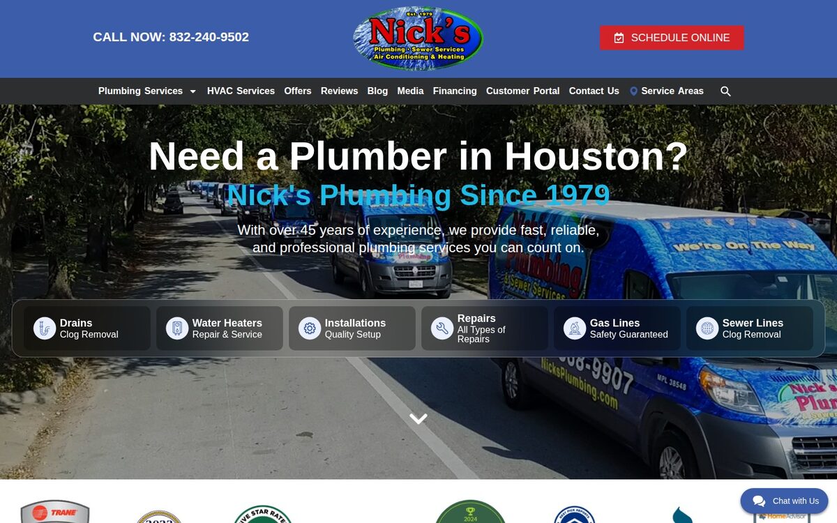 Screenshot of the Nick's Plumbing & Air Conditioning website homepage (Houston, TX)