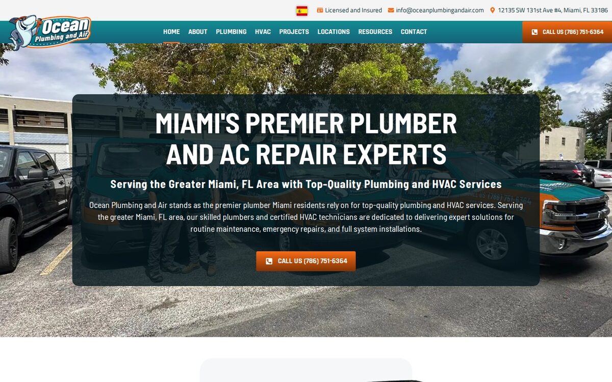 Screenshot of the Ocean Plumbing and Air website homepage (Miami, FL)
