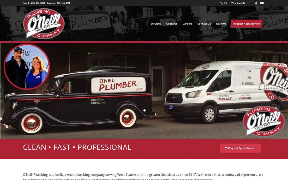 Screenshot of the O'Neill Plumbing website homepage (Seattle, WA)