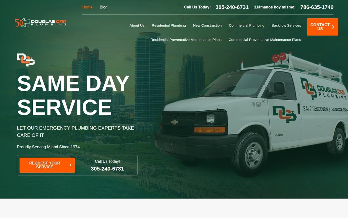 Screenshot of the Douglas Orr Plumbing website homepage (Miami, FL)