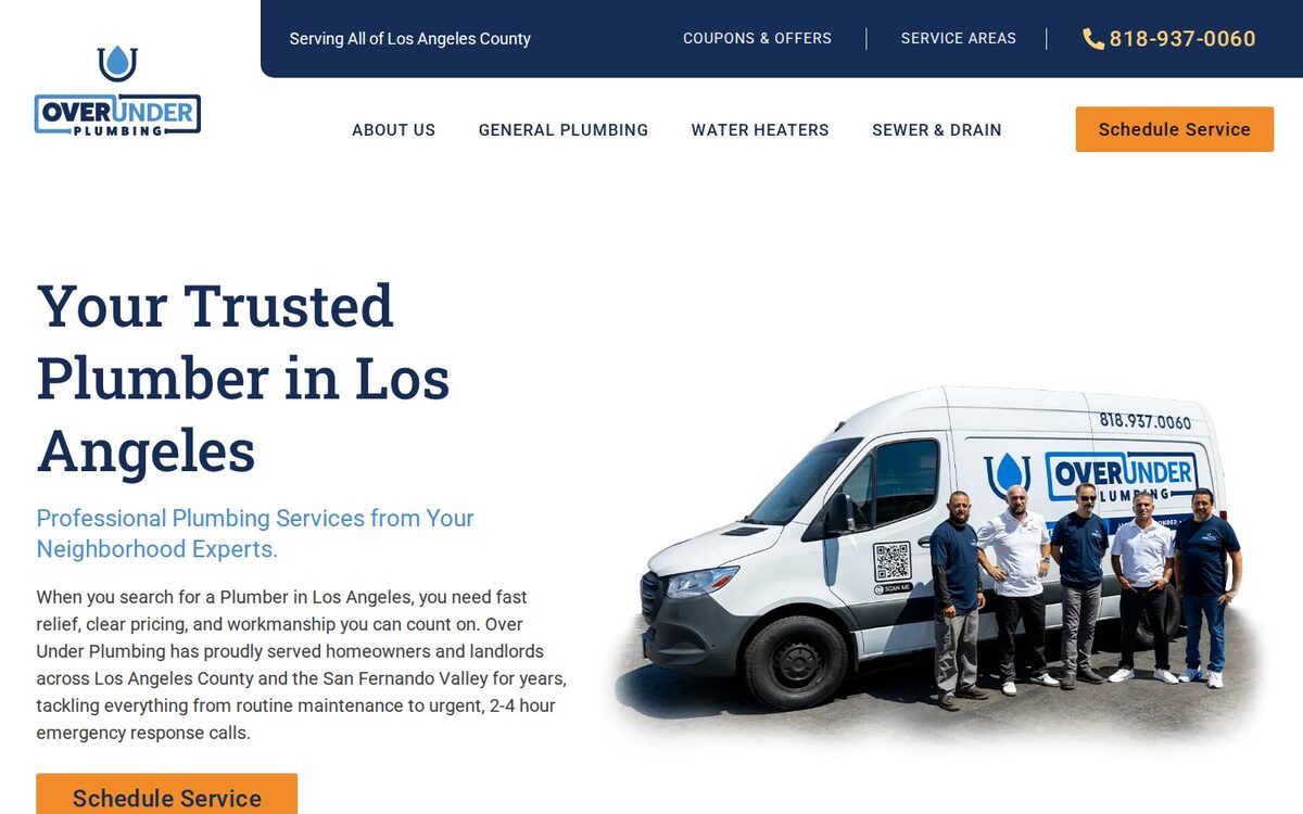Screenshot of the Over Under Plumbing website homepage (Los Angeles, CA)