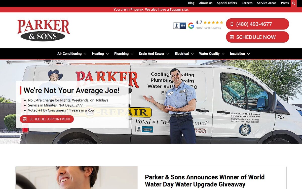 Screenshot of the Parker & Sons website homepage (Phoenix, AZ)